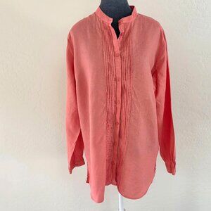 LL Bean - Long Sleeve Linen Tunic Button Down w/ Tuxedo Pleats - Coral - Size XL
